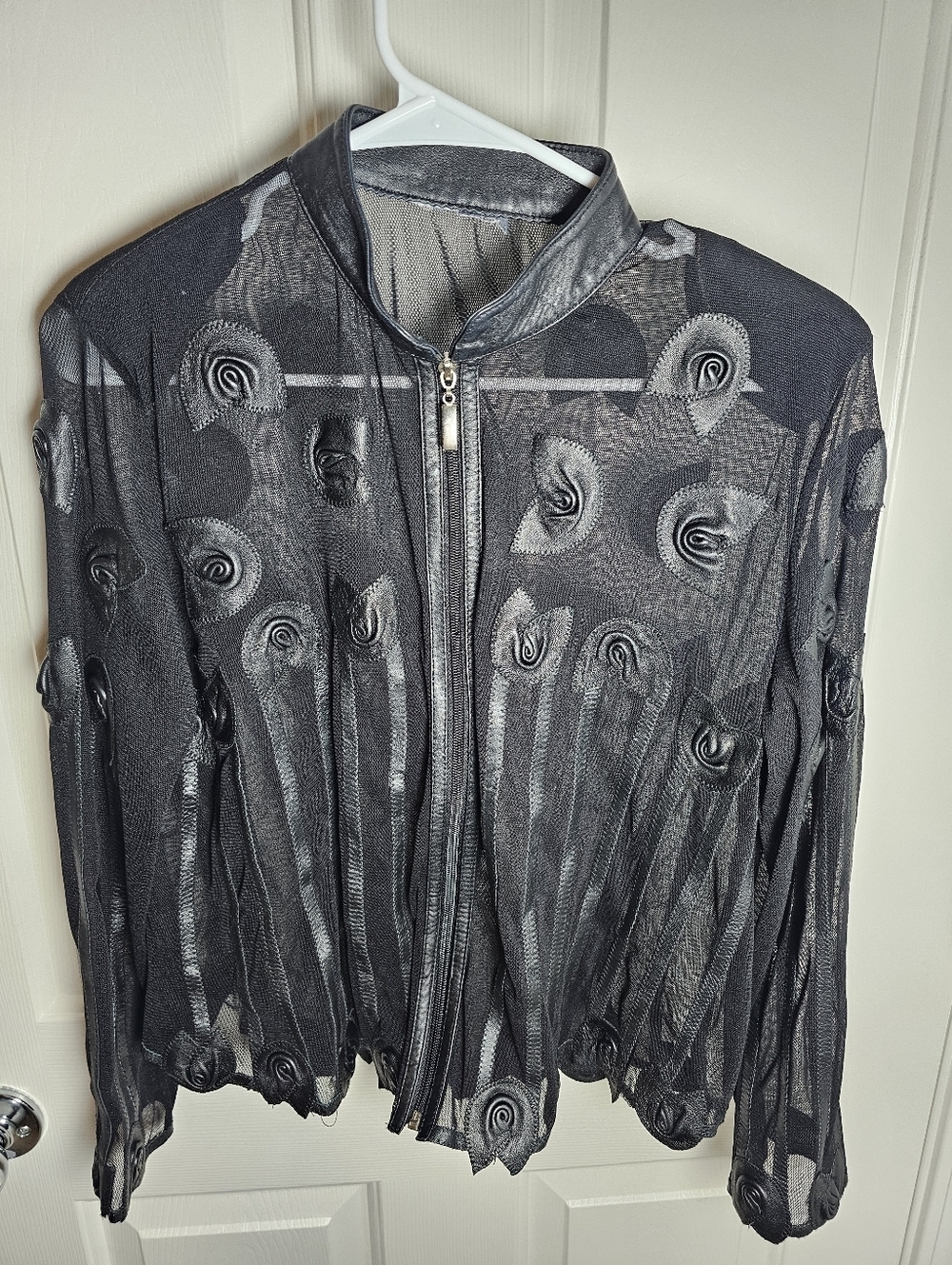 BELGIN FRANCIS Sheer Mesh Zip-Up Jacket Leather Leaves Rosettes Size: L